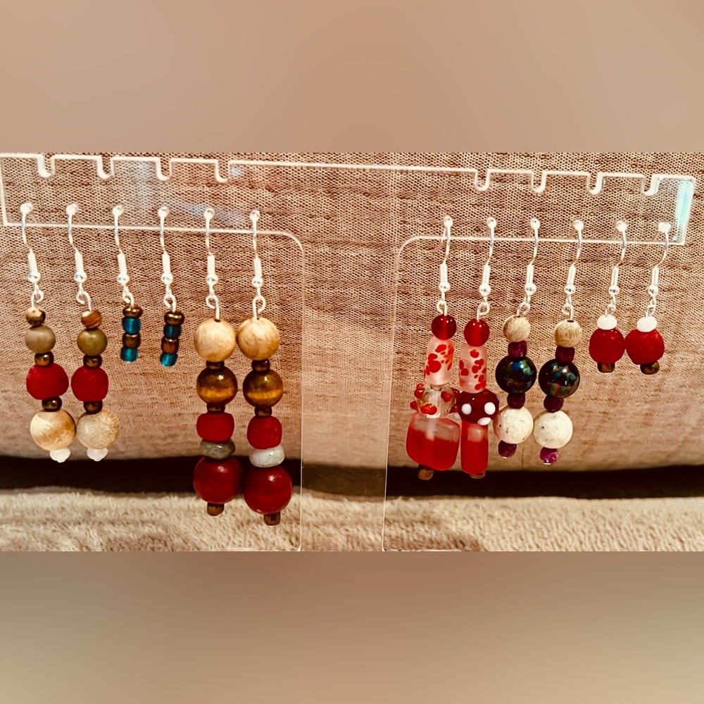 Fun handmade beaded earrings in colorful stacks.